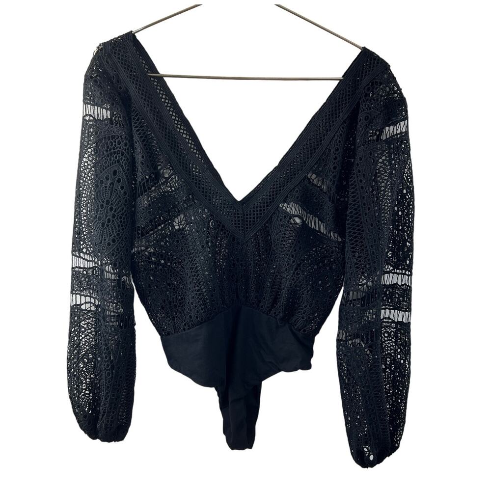 DARAH DAHL Black Thong Bodysuit Long Balloon Sleeves V-Neckline Crochet Size S